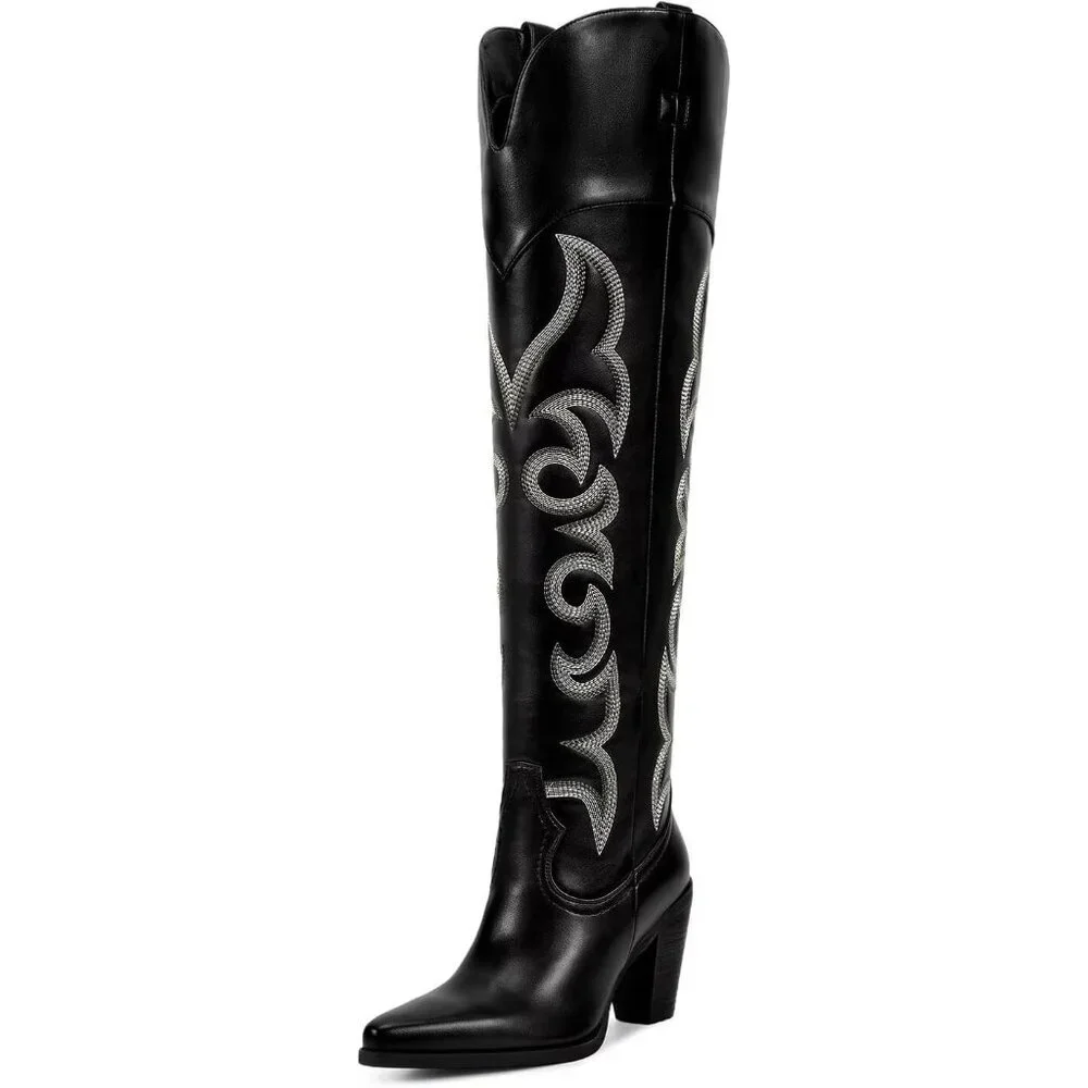 Women Over Knee Black Faux Leather Pull On Tab Chunky Heel Pointed Toe Boots